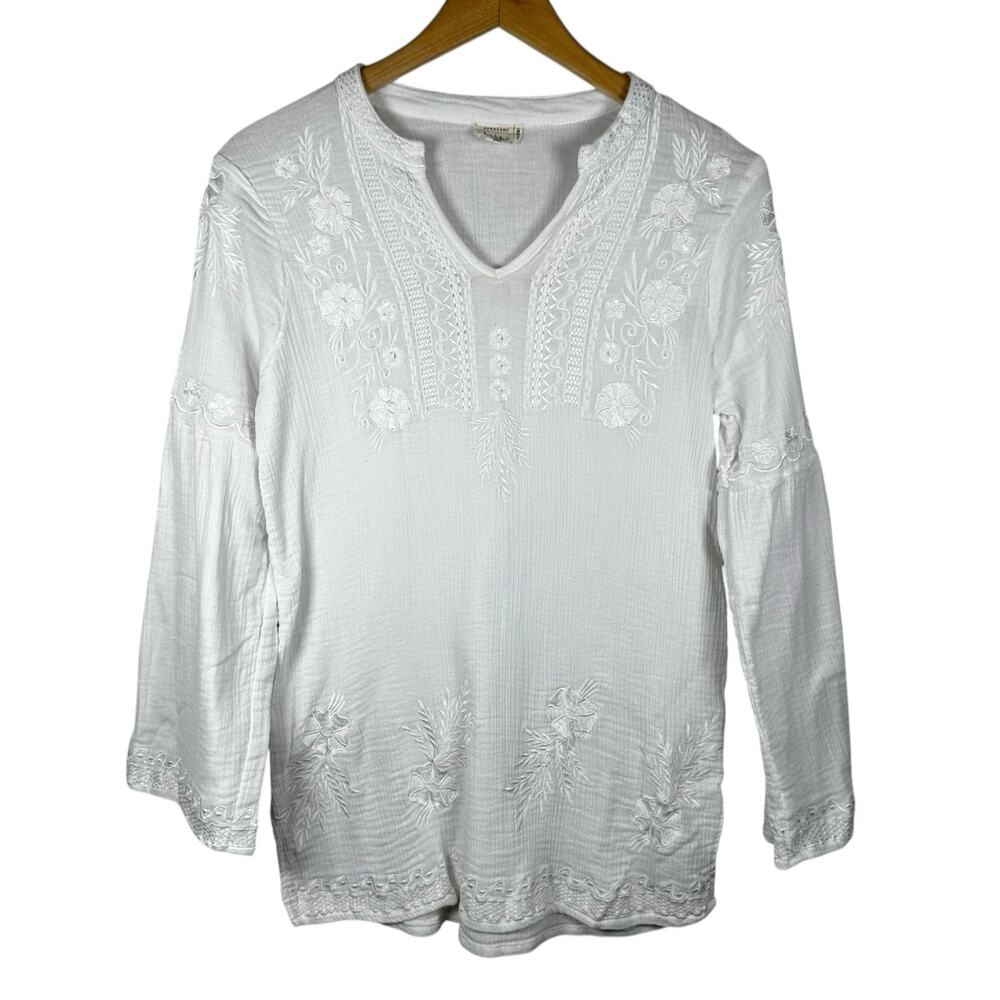 Artelier Nicole Miller Embroidered Tunic Top Bell Sleeves Boho White XS Cotton
